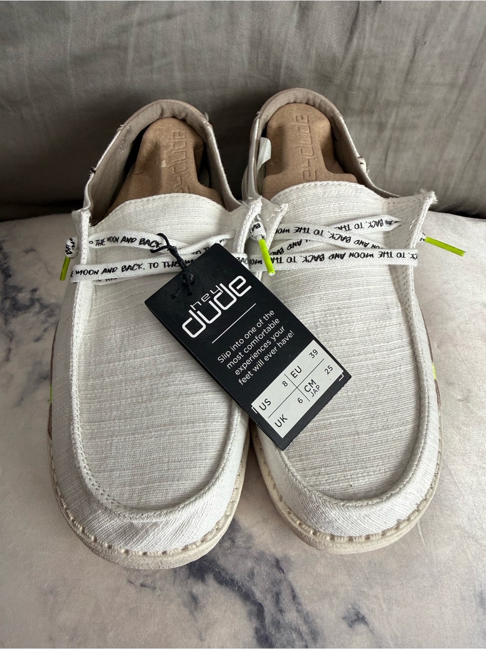 White Women’s Casual Slip-On Hey Dudes with Neon Accents - Picture 2 of 4